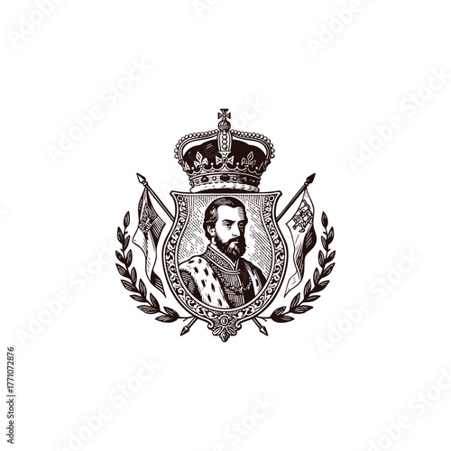 Vintage royal King crest logo vector illustration. Engraving style emblem featuring a crowned monarch with a beard, framed by an ornate shield, flags, and laurel wreath