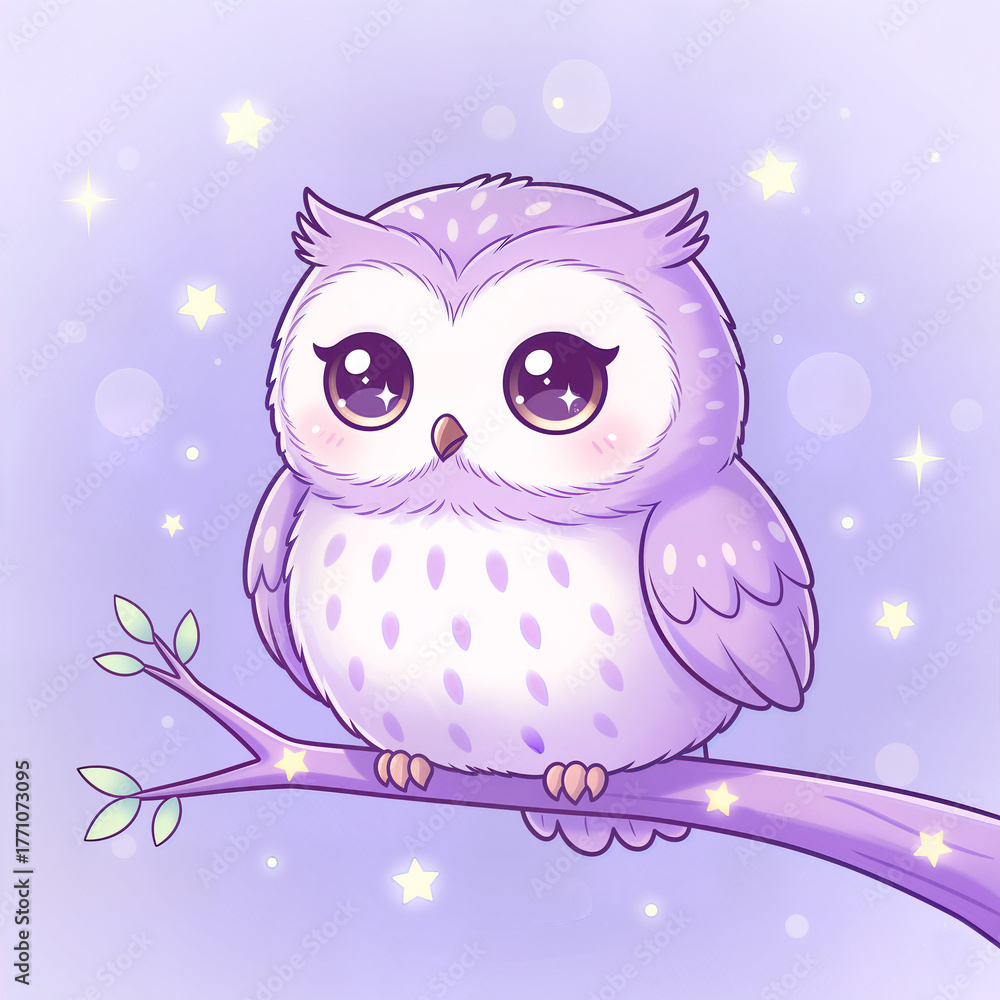 Obraz premium owl on branch kawaii cute color