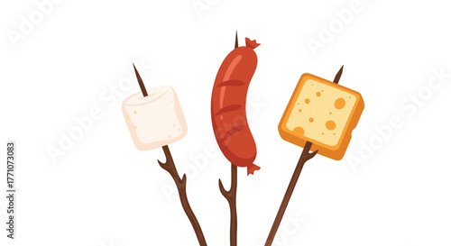 Assortment of classic camping snacks: a sweet marshmallow, a savory sausage, and a slice of bread, skewered on sticks for roasting.