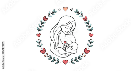 Minimalist line art illustration of a serene mother embracing and breastfeeding her baby, adorned with a delicate floral and heart wreath.
