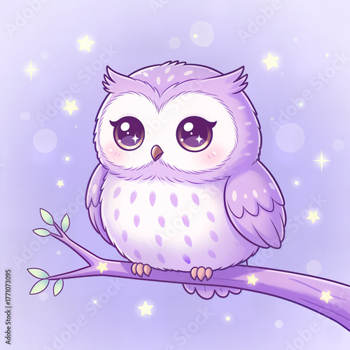 owl on branch kawaii cute color