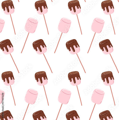 Chocolate Marshmallow Pops Seamless Pattern. Hand drawn Flat Vector Illustrations