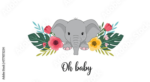 Cute baby elephant illustration with tropical flowers and leaves, perfect for baby showers, nursery decor, or birth announcements.
