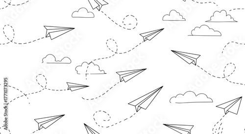 A seamless pattern of hand-drawn paper airplanes flying through a sky with clouds and dashed flight paths, evoking travel and freedom.
