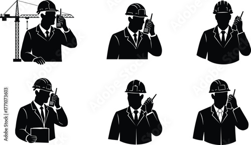 Construction manager illustration, walkie-talkie communication, site supervision concept, hard hat silhouette, black and white vector, engineering coordination, safety gear