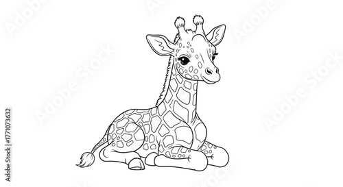 An adorable baby giraffe, depicted in black and white line art, sits calmly with its detailed spots and big eyes, ready for coloring.