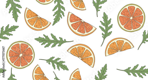 Seamless hand-drawn pattern with fresh grapefruit and orange slices along with green arugula leaves on a crisp white background.