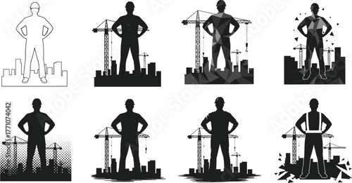Construction worker silhouettes, hard hats, industrial background, crane site, artistic styles, geometric texture, halftone effect, confident pose, labor strength, urban build