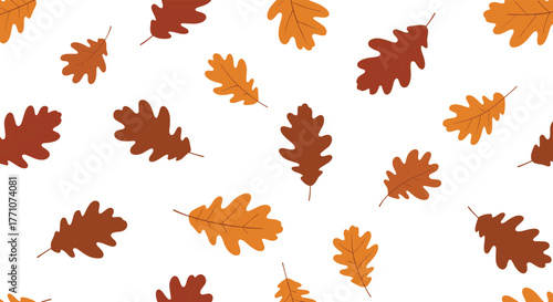 An elegant autumn seamless pattern featuring beautifully scattered hand-drawn oak leaves in warm orange and brown tones on a pure white backdrop.