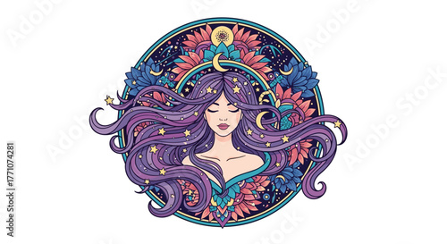 Beautiful woman with flowing starry purple hair surrounded by celestial and floral mystical mandala design.