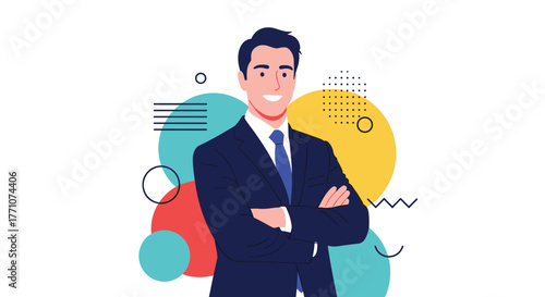 Professional man in a suit smiles confidently with arms crossed in a modern abstract design.