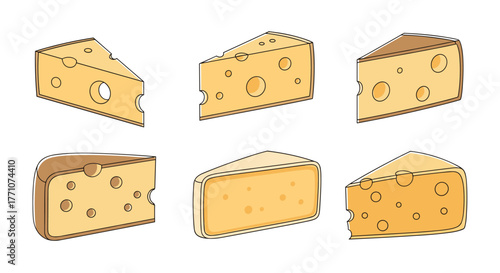 A collection of stylized cheese wedges with holes, featuring different perspectives and outlines, isolated on a white background.