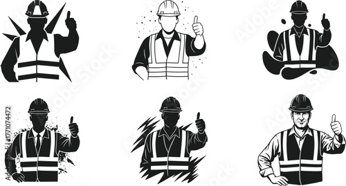 Construction worker thumbs up, safety gear illustration, hard hat vector, positive gesture, black and white silhouette, industrial approval concept