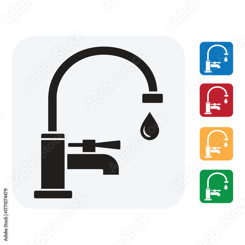 Modern faucet icon set dripping water for plumbing or conservation concepts in vibrant colors against white backdrop creating a fresh design element