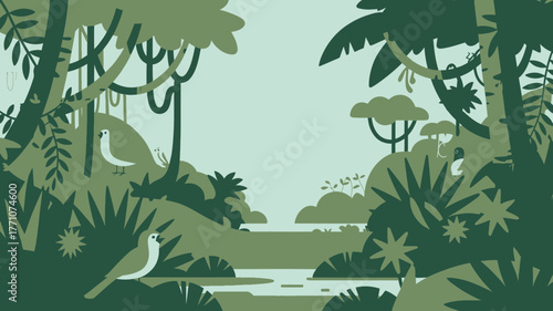 Jungle forest birds wildlife nature landscape tropical greenery plants foliage scene illustration vector art