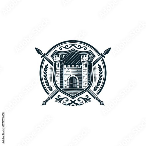 Traditional woodcut style emblem featuring a medieval fortress with two towers centered on a shield crest, all enclosed within a circular frame