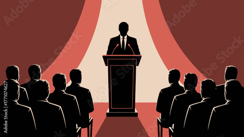 Speaker podium stage audience silhouette conference presentation public speaking event meeting speech seminar