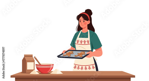 Woman Baking Gingerbread Cookies for Christmas