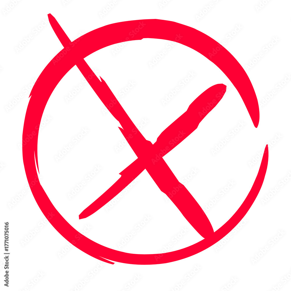 Fototapeta premium A hand-drawn red X mark inside a circle symbolizes rejection, error, or incorrectness.