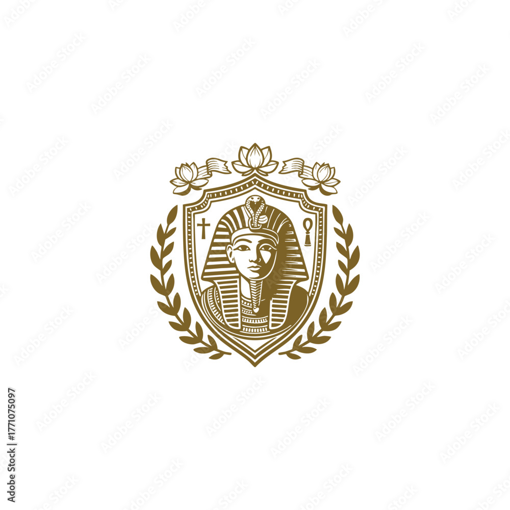 Fototapeta premium Regal and stylized illustration of an Egyptian Pharaoh's mask (possibly Tutankhamun) centered on a shield, framed by a laurel wreath, sacred lotus flowers, and Egyptian symbols
