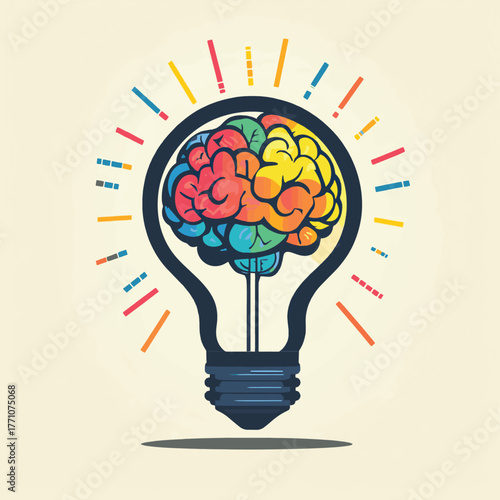 Abstract representation of innovation showcasing brain inside illuminated bulb   , vector style simple color
