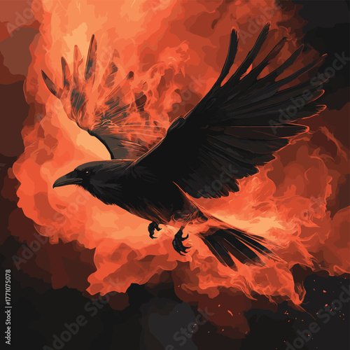 Black raven flying. Black crow. Evil bird. Glowing wings. Misty and smokey red smoke, fire and embers   , vector style simple color