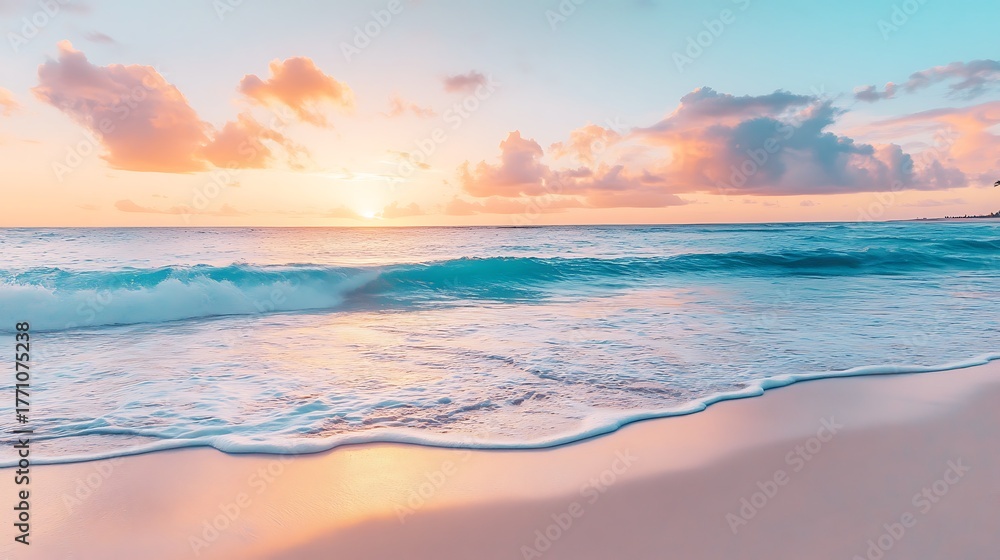 Obraz premium Ocean Waves Rolling On Beach At Sunset With Beautiful Sky and Soft Colors