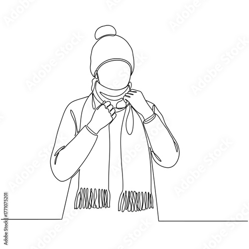 Continuous Line Vector Illustration of Woman Adjusting Scarf in Winter Clothes Minimalist Style