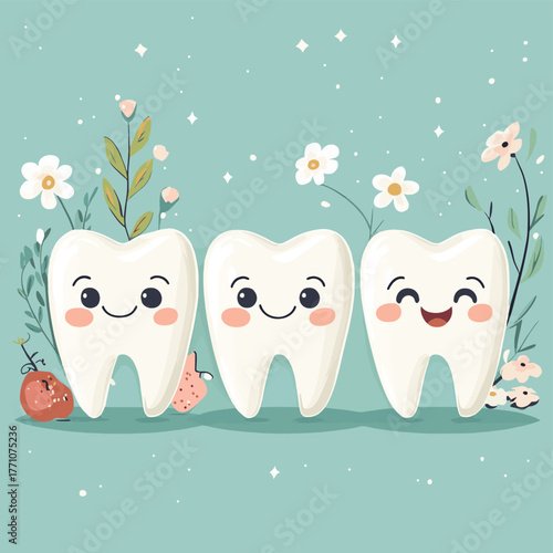 Cute cartoon teeth in a whimsical dental care scene.   , vector style simple color