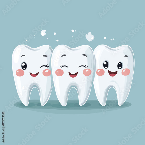 Cute cartoon teeth in a whimsical dental care scene.   , vector style simple color