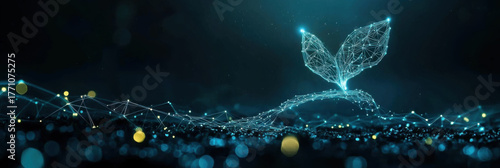 Futuristic digital plant sprout emerges from network of glowing lines, symbolizing growth and connectivity in a dark