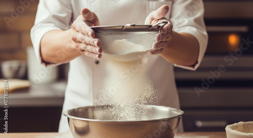 Chef sifting flour for baking pastries, bread, or cakes. Ideal for recipe books, culinary school ads, or bakery promotions. Focus on cooking, healthy eating.