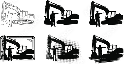 Excavator silhouette, person pointing forward, construction equipment illustration, black vector style, industrial scene, heavy machinery, graphic design variation