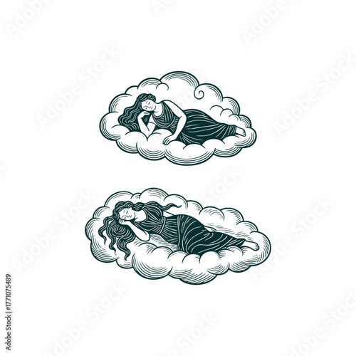 Vintage woman sleeping on a cloud vector illustration. Engraving style image of a calm female figure resting peacefully