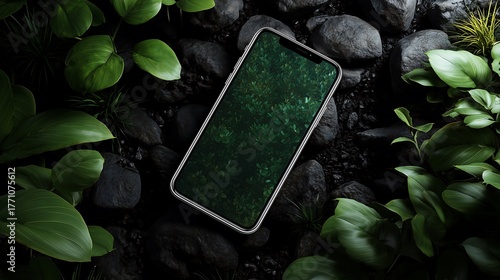 Smartphone on rocks surrounded by green foliage