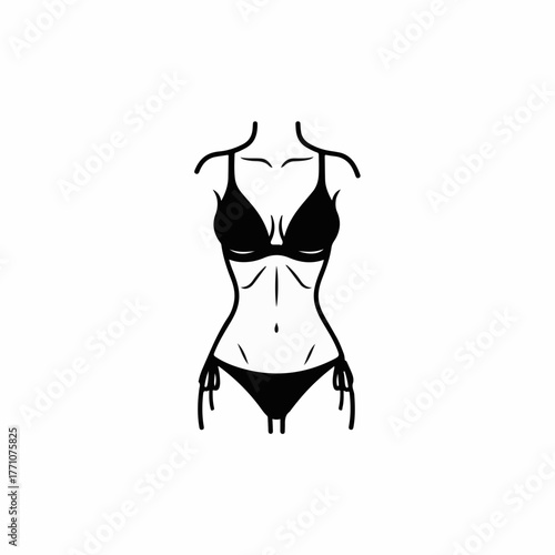 Minimalist black bikini silhouette on white background, representing summer body confidence and style.