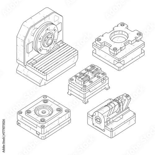 A precise collection of isometric line drawings showcasing diverse industrial machinery components and advanced manufacturing tooling essential for modern engineering.