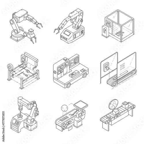 Isometric line art depicts advanced industrial automation, showcasing robotic arms, 3D printing, and smart factory systems, symbolizing modern manufacturing.