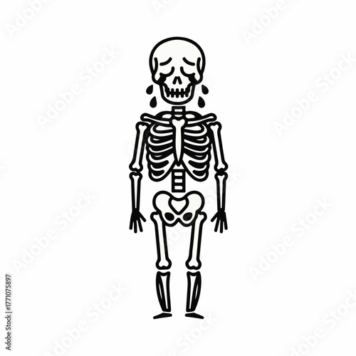 Sad skeleton crying tears of sorrow, expressing deep grief and melancholy