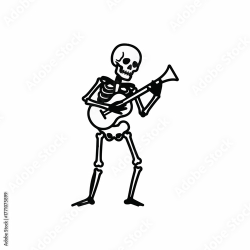 Spooky skeleton playing a guitar with enthusiasm, a fun Halloween or music concept.