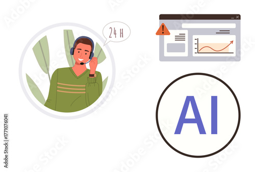 Customer representative with headset, AI label, and dashboard graph with alert. Ideal for AI, automation, customer service, productivity, technology data analysis digital innovation. Clean simple