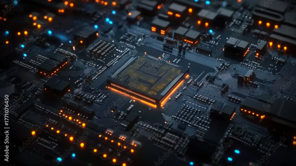 Fototapeta premium Glowing computer chip and CPU motherboard technology circuit board