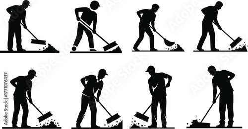 Street sweeping silhouettes, manual cleaning workers, broom action poses, black vector illustration, public sanitation, urban maintenance, labor effort, cleanup scene
