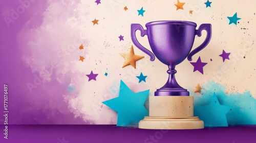 purple trophy with beige and blue stars in the background