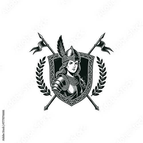 Striking vintage woodcut style emblem featuring a beautiful female warrior (Valkyrie or Joan of Arc) in ornate armor and a feathered helmet