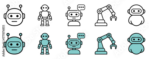 Set of AI robot icons including chatbot, humanoid robot, robotic arm, and assistant bot in outline and filled styles. Perfect for AI, robotics, automation, and modern tech design and branding concept.