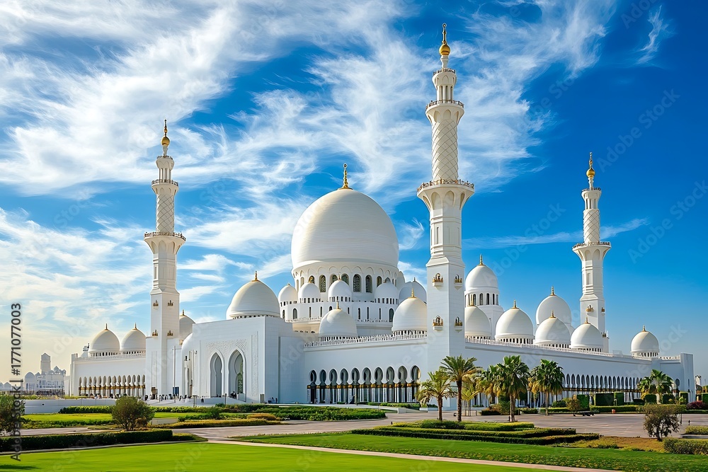 Obraz premium Sheikh Zayed Mosque, Landmark Abu Dhabi, UAE, Islamic Architecture, White Building, Domes