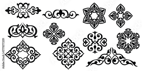 Set of Uzbek, Kazakh ornamental elements, national ornament, Islamic pattern, isolated on a white background, vector design