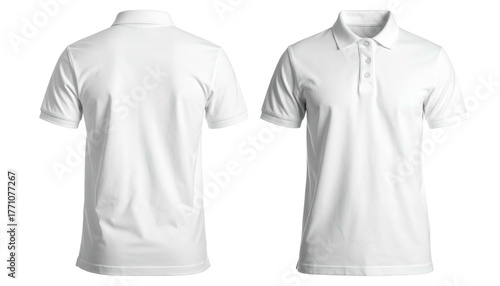White, short-sleeve polo shirt shown from the front and back view, against a transparent background