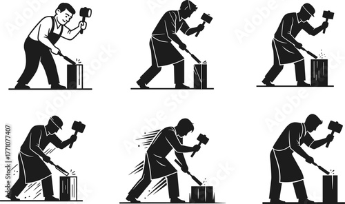 Woodworker chiseling wood block, traditional craftsmanship, black and white illustration, mallet and chisel, apron worker, carving technique, focused posture